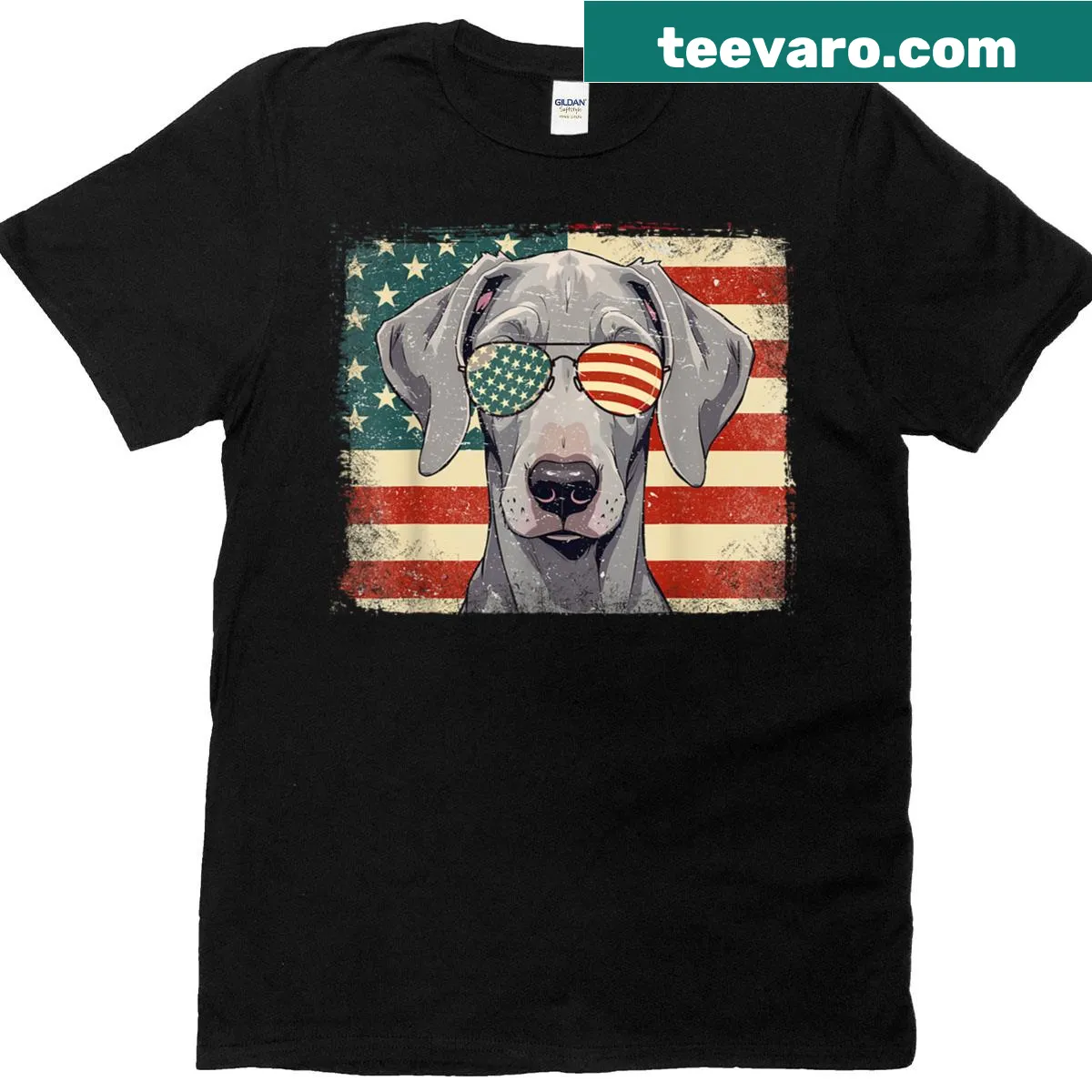 Weimaraner dog and USA flag graphic T-shirt — on a men's t-shirt
