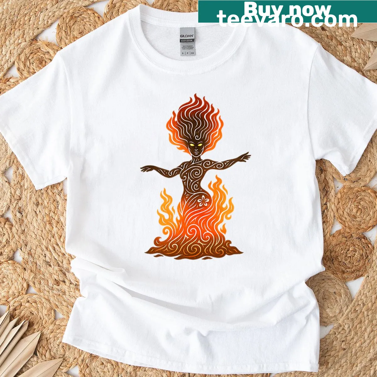 Hawaiian goddess Pele t-shirt design featuring fire and volcano imagery — on a men's t-shirt