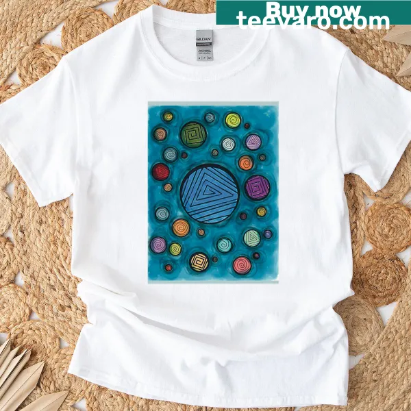 Intricate graphic of celestial bodies on a t-shirt.