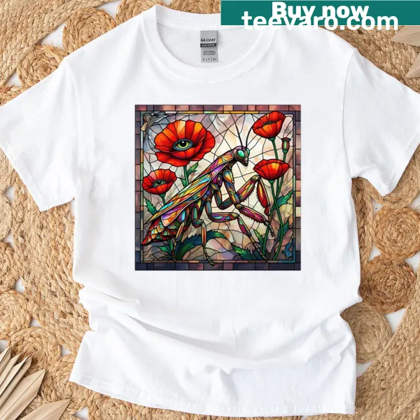 Stained glass design of a praying mantis with poppy flowers on a t-shirt
