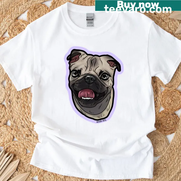 Adorable pug portrait graphic on a T-shirt.