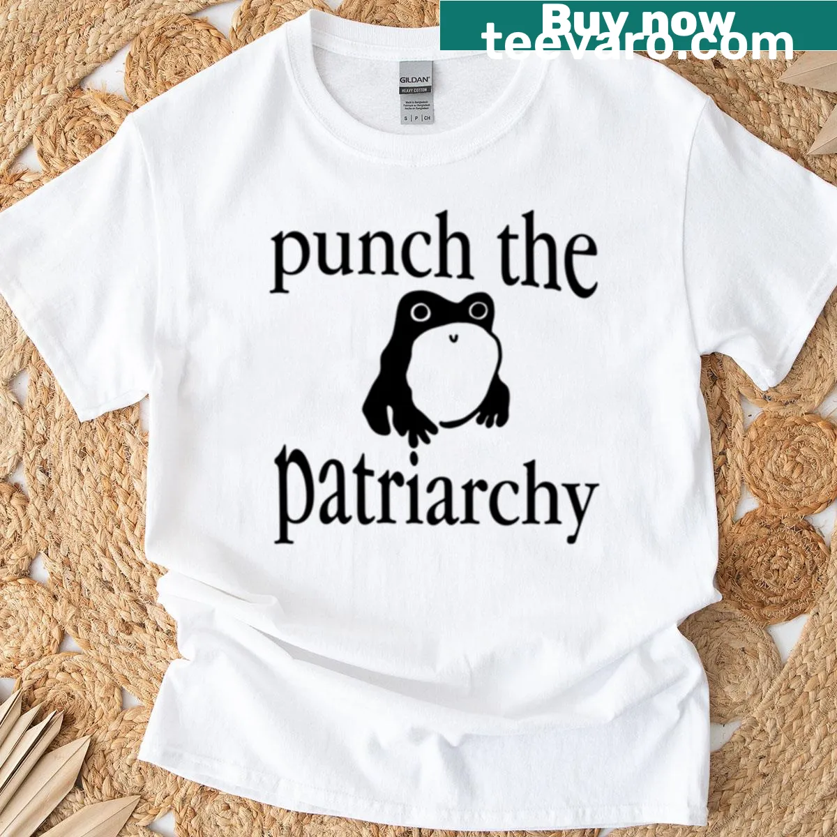 Cartoon frog graphic T-shirt humorously addressing patriarchy — on a men's t-shirt