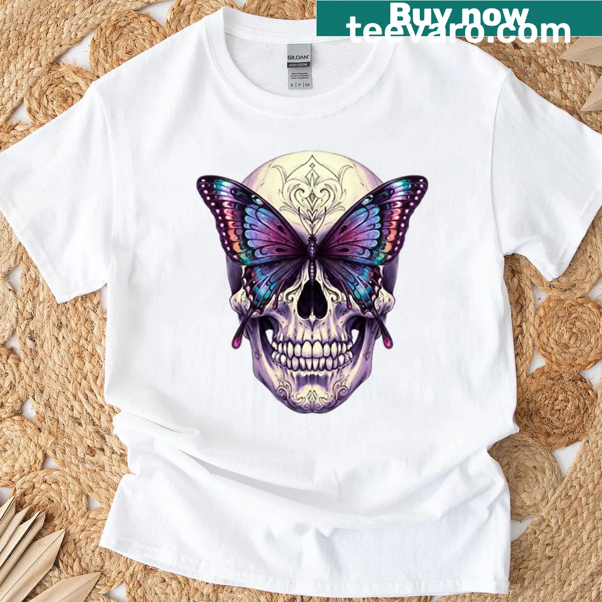 Skull design with colorful butterflies on a t-shirt — on a men's t-shirt