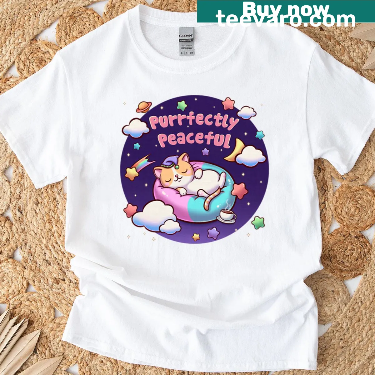 Kawaii cat dreaming in the stars graphic on a T-shirt. — on a men's t-shirt