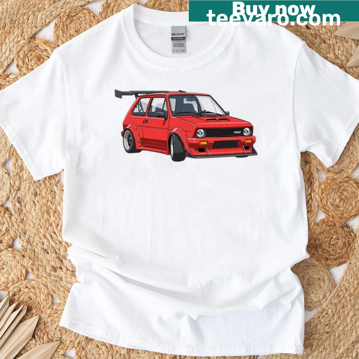 Illustrated T-shirt featuring a playful image of a Yugo race car — on a men's t-shirt