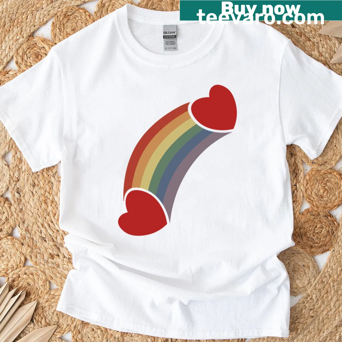 Illustrated T-shirt featuring a colorful rainbow heart design — on a men's t-shirt