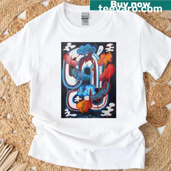 Playful design of rainbows, clouds, and tongues on a T-shirt