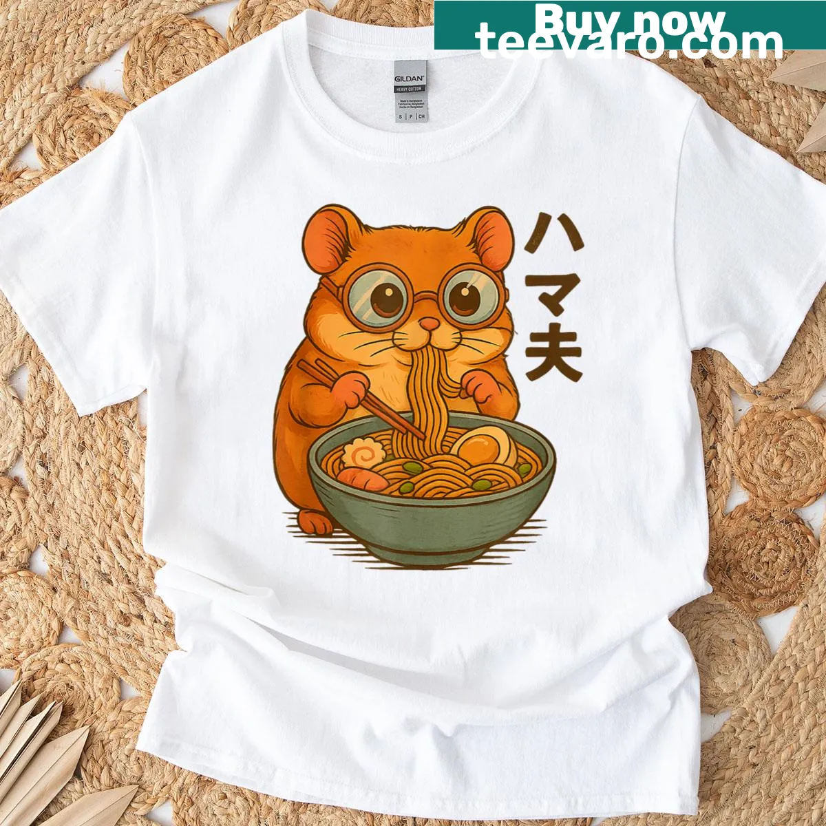 Kawaii design of a hamster eating ramen noodles on a t-shirt — on a men's t-shirt