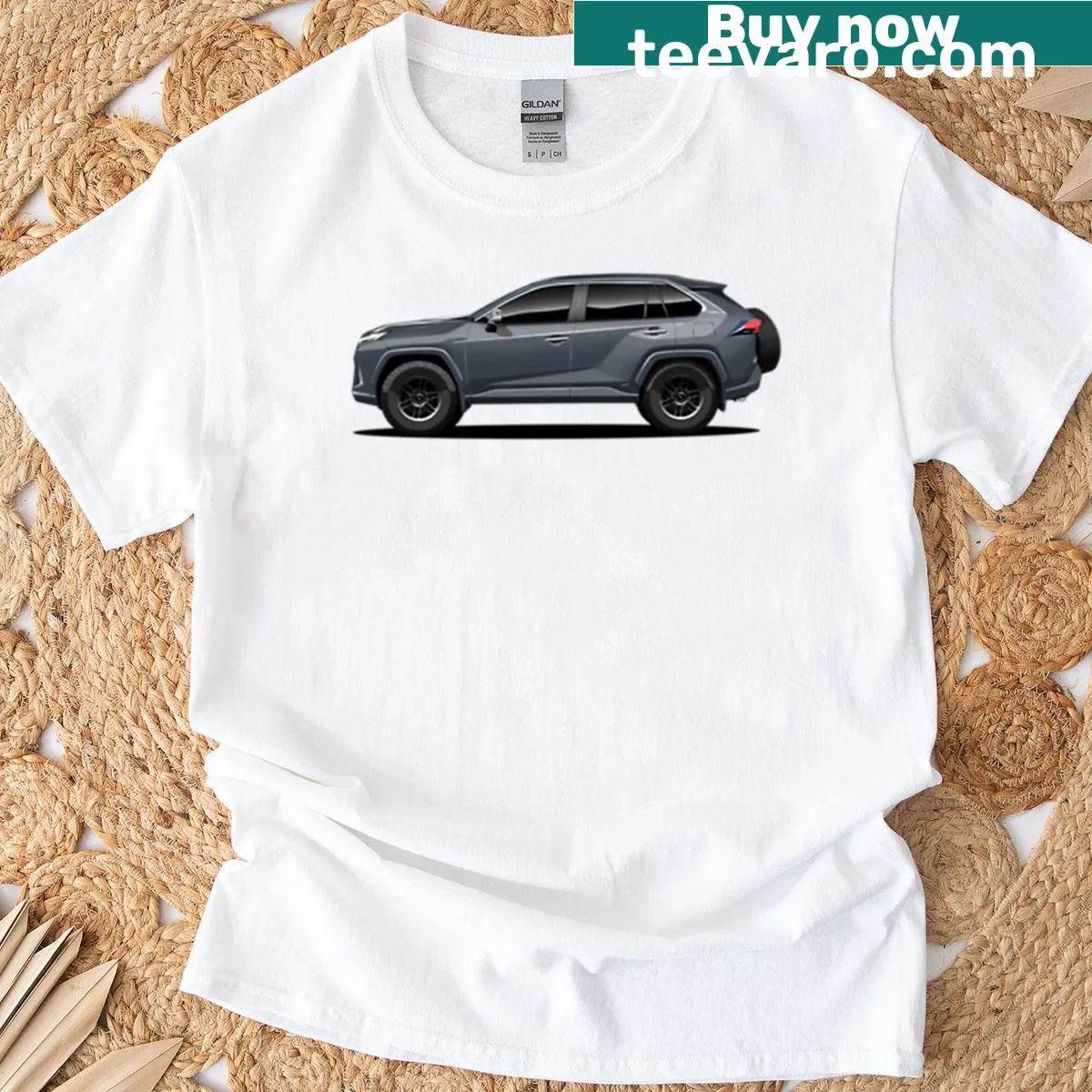 Illustrative T-shirt featuring an adventurous SUV design for outdoor lovers — on a men's t-shirt