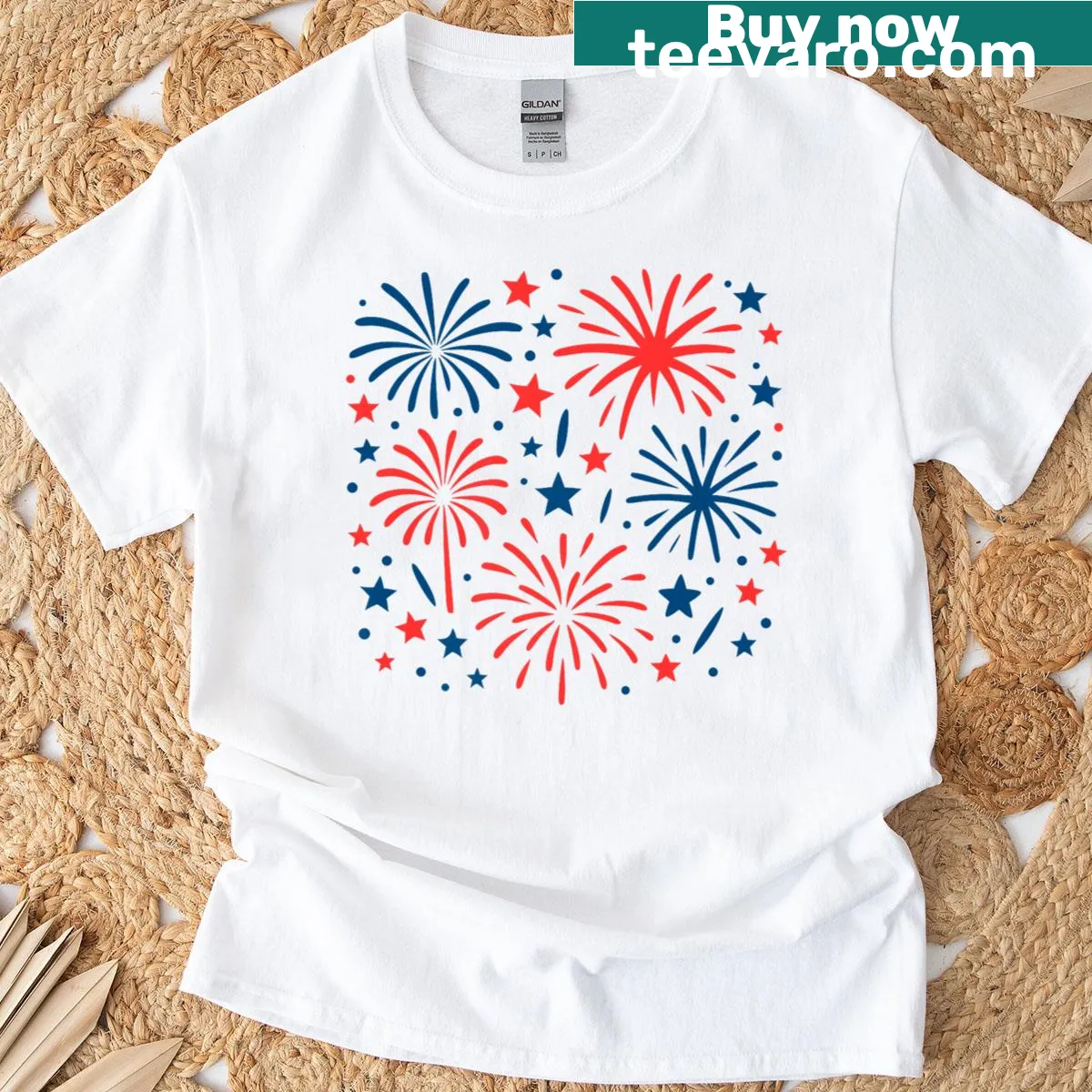 Matching couple t-shirt with fireworks design for 4th of July — on a men's t-shirt