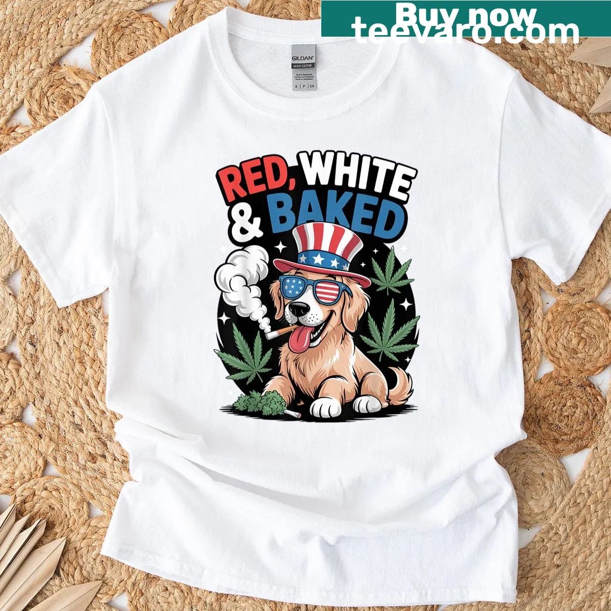 Patriotic T-shirt with golden retriever theme for July 4th — on a men's t-shirt