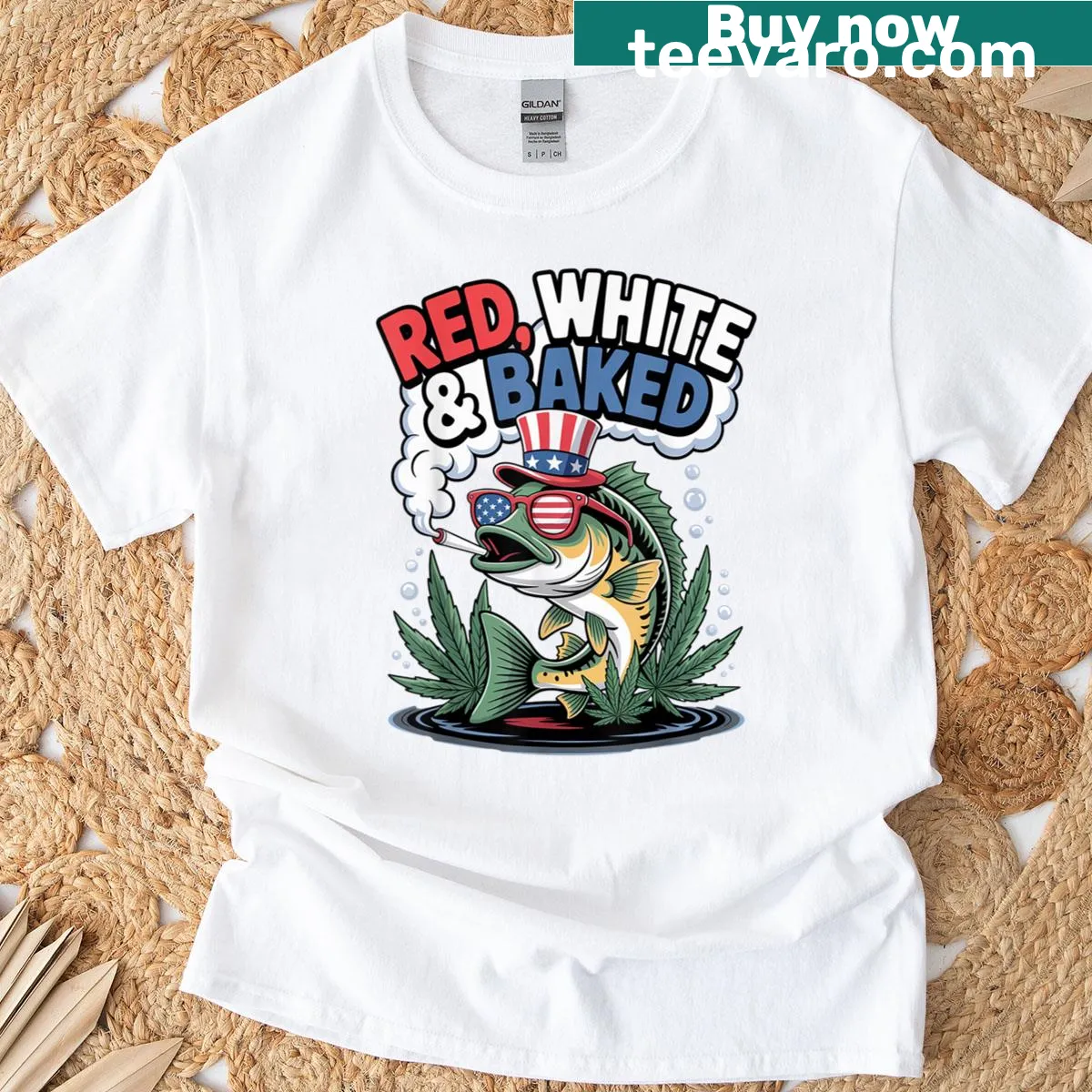 Humorous t-shirt with 'Red White And Baked' and bass fish illustration — on a men's t-shirt