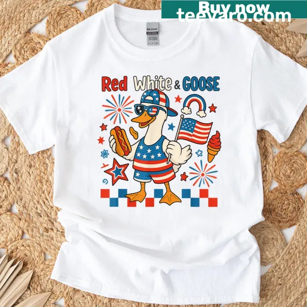 Whimsical t-shirt featuring a hot dog and American flag for July 4th