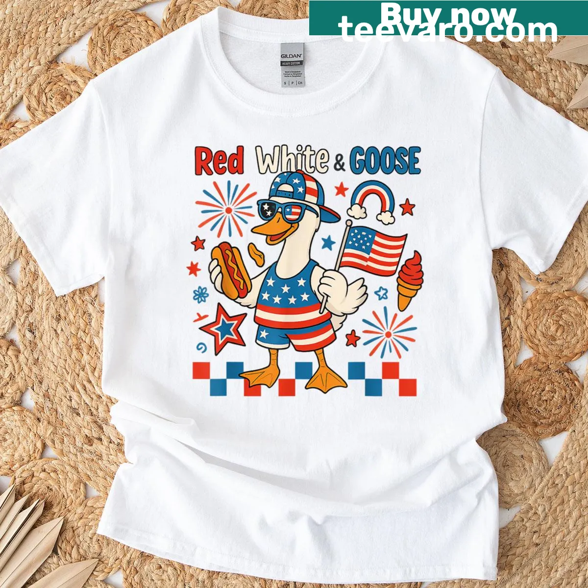 Whimsical t-shirt featuring a hot dog and American flag for July 4th — on a men's t-shirt