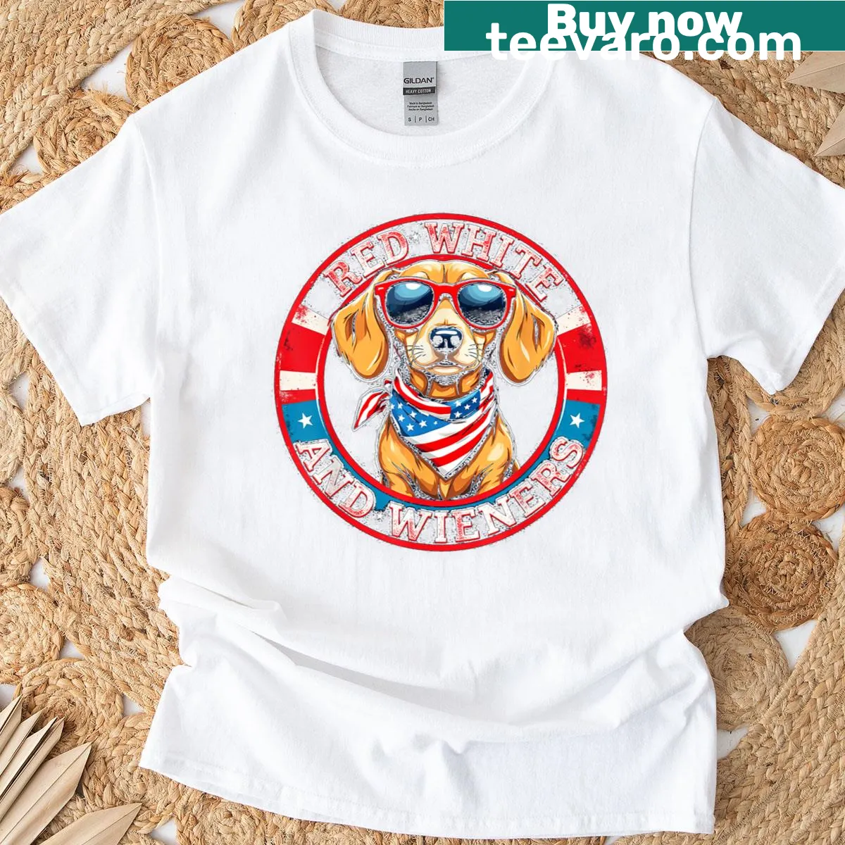 Funny dachshund graphic tee for Fourth of July with 'Red White And Wieners' text — on a men's t-shirt