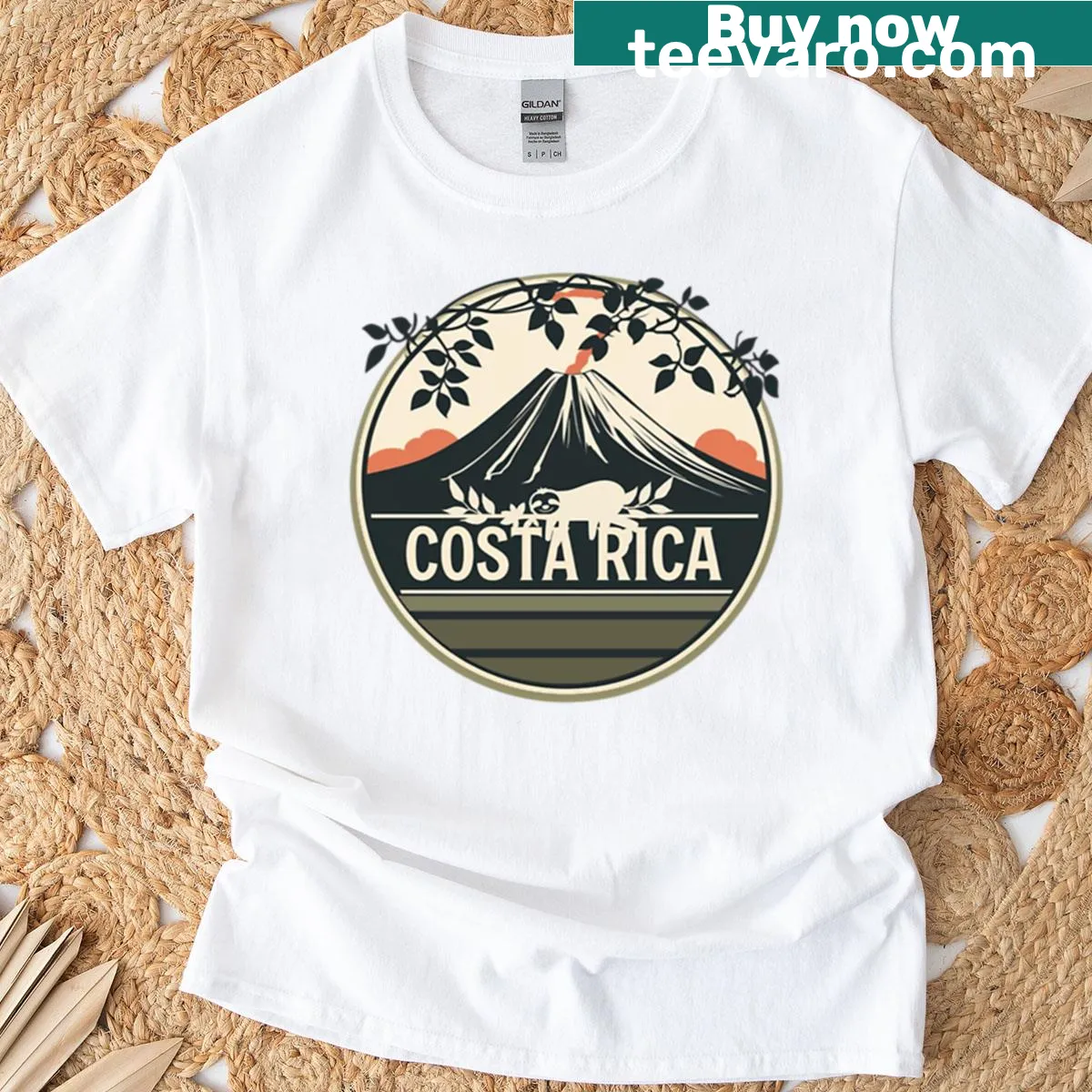 Illustrated T-shirt showcasing Costa Rica's volcanoes and wildlife — on a men's t-shirt