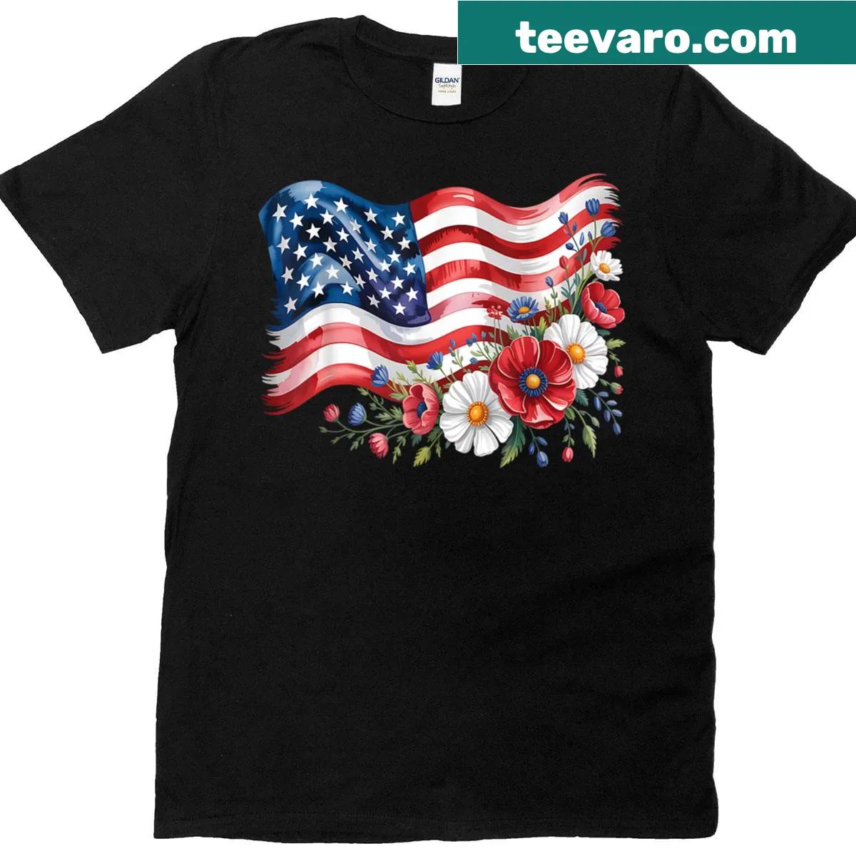 Retro flower pattern with American flag on a women's T-shirt — on a men's t-shirt