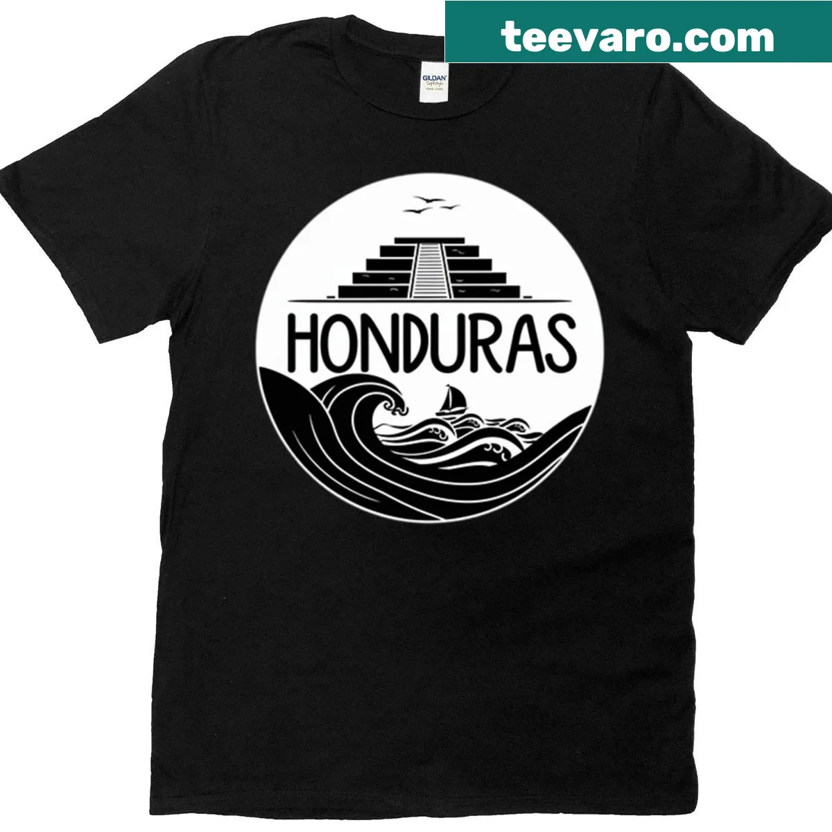 Retro graphic T-shirt featuring beaches and Copan ruins in Honduras — on a men's t-shirt