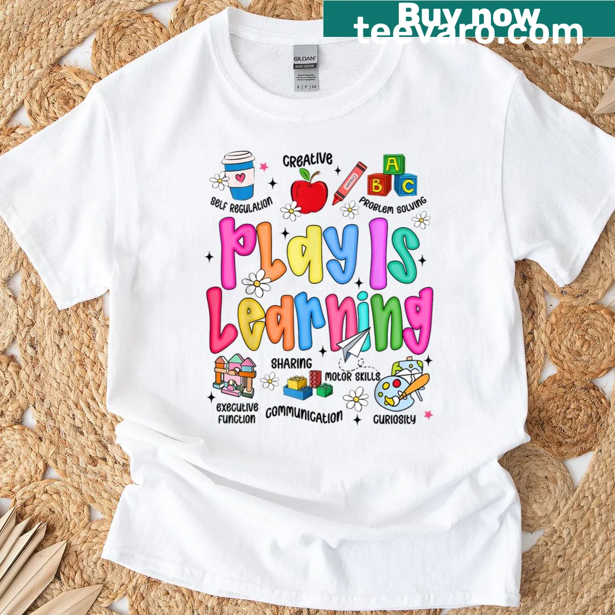 T-shirt with 'Play Is Learning' typography design for teachers. — on a men's t-shirt