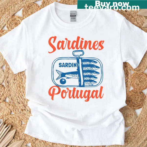 Retro sardines graphic t-shirt featuring a playful tin can illustration