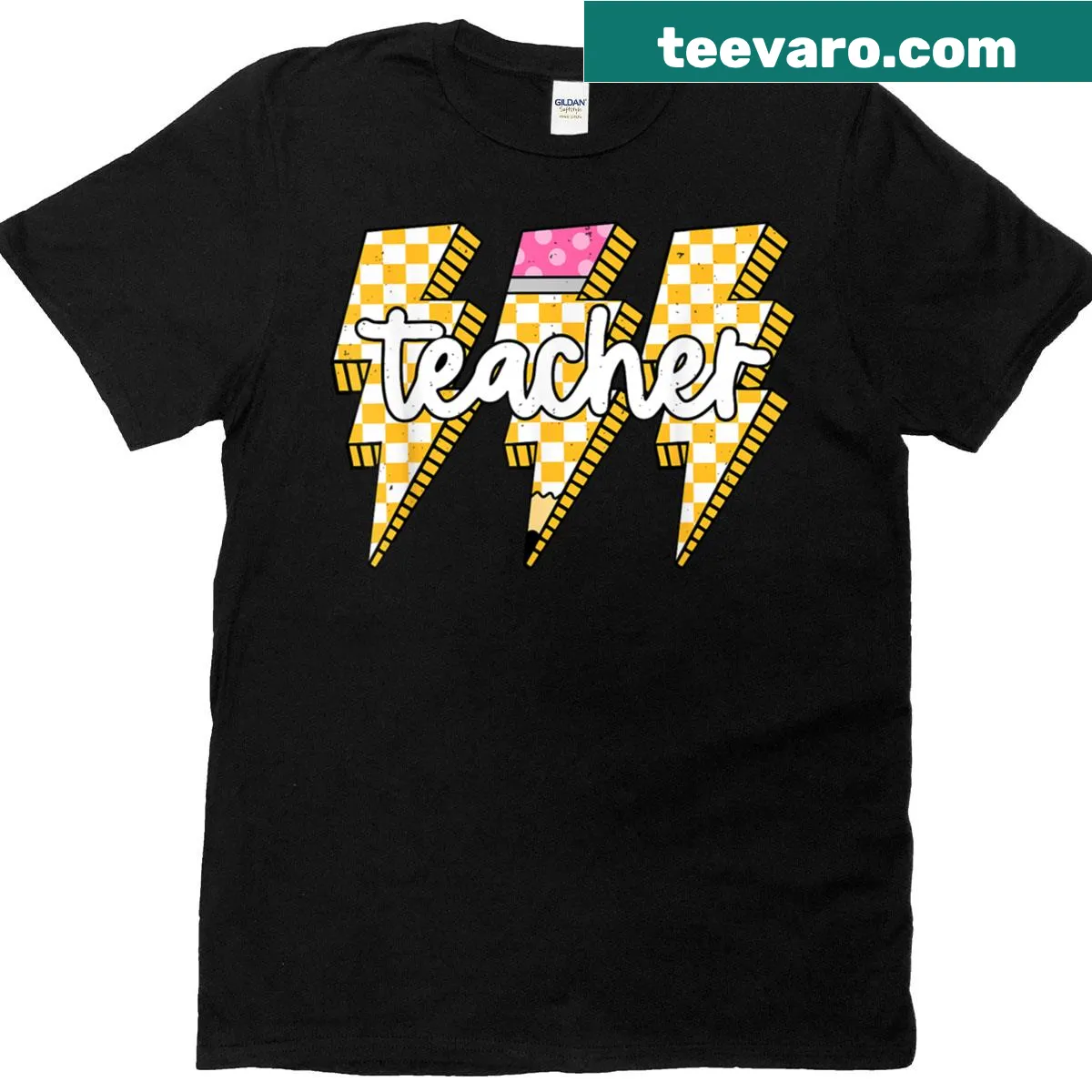 Playful T-shirt for teachers with checkered pencil and lightning bolt — on a men's t-shirt