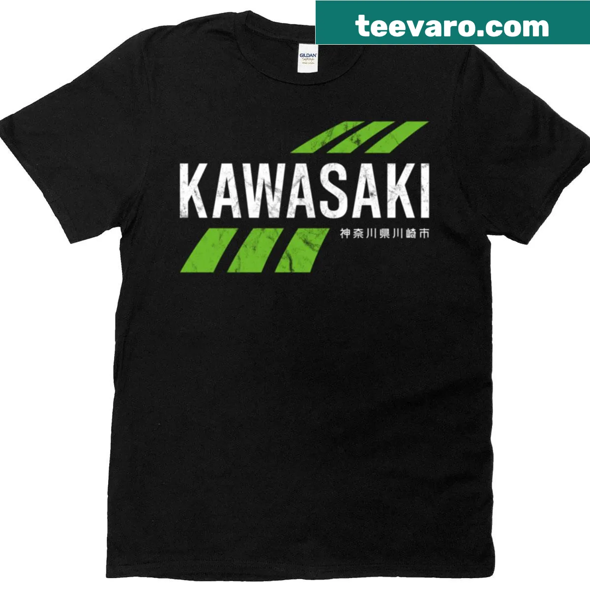 Vintage Kawasaki t-shirt featuring a distressed logo design — on a men's t-shirt