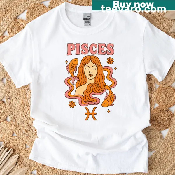 Illustrated Pisces zodiac graphic T-shirt depicting two fish