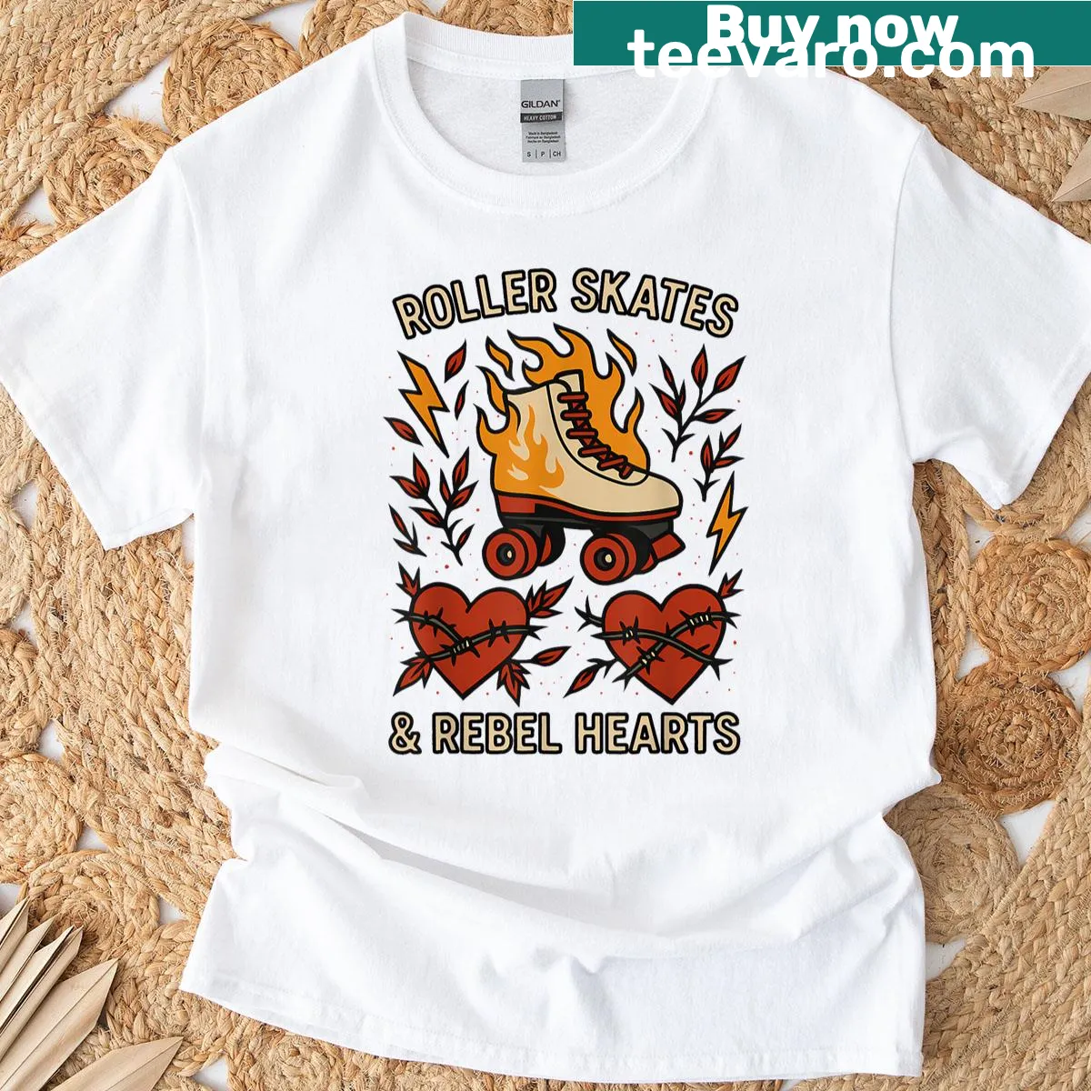 Playful T-shirt design with roller skates and hearts graphic — on a men's t-shirt
