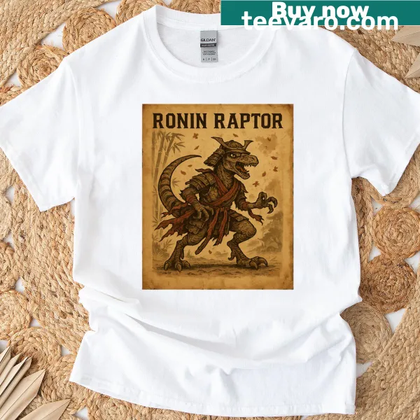 Ukiyo-e style T-shirt featuring a samurai riding a velociraptor.