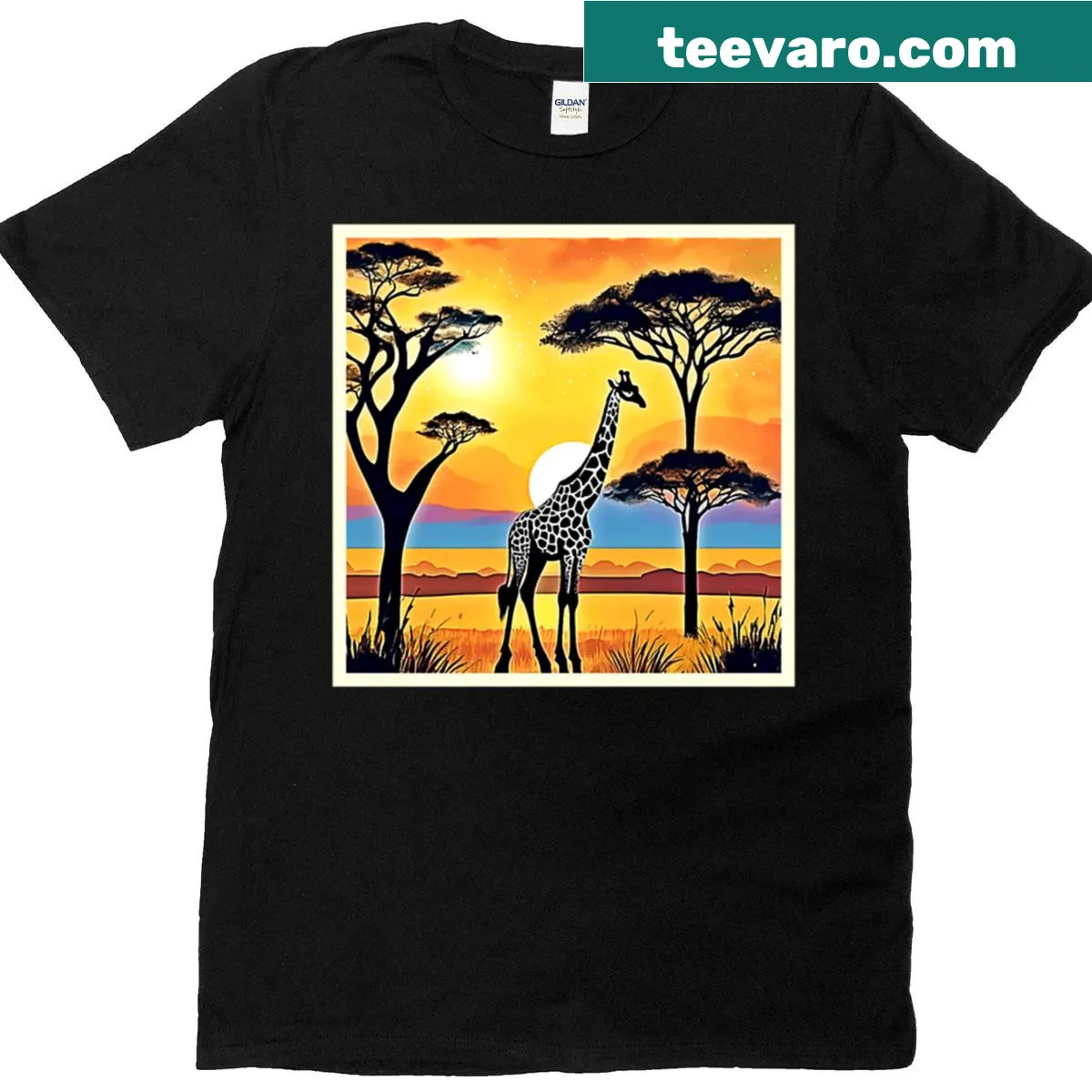 Illustrated T-shirt featuring giraffes against a sunset backdrop — on a men's t-shirt