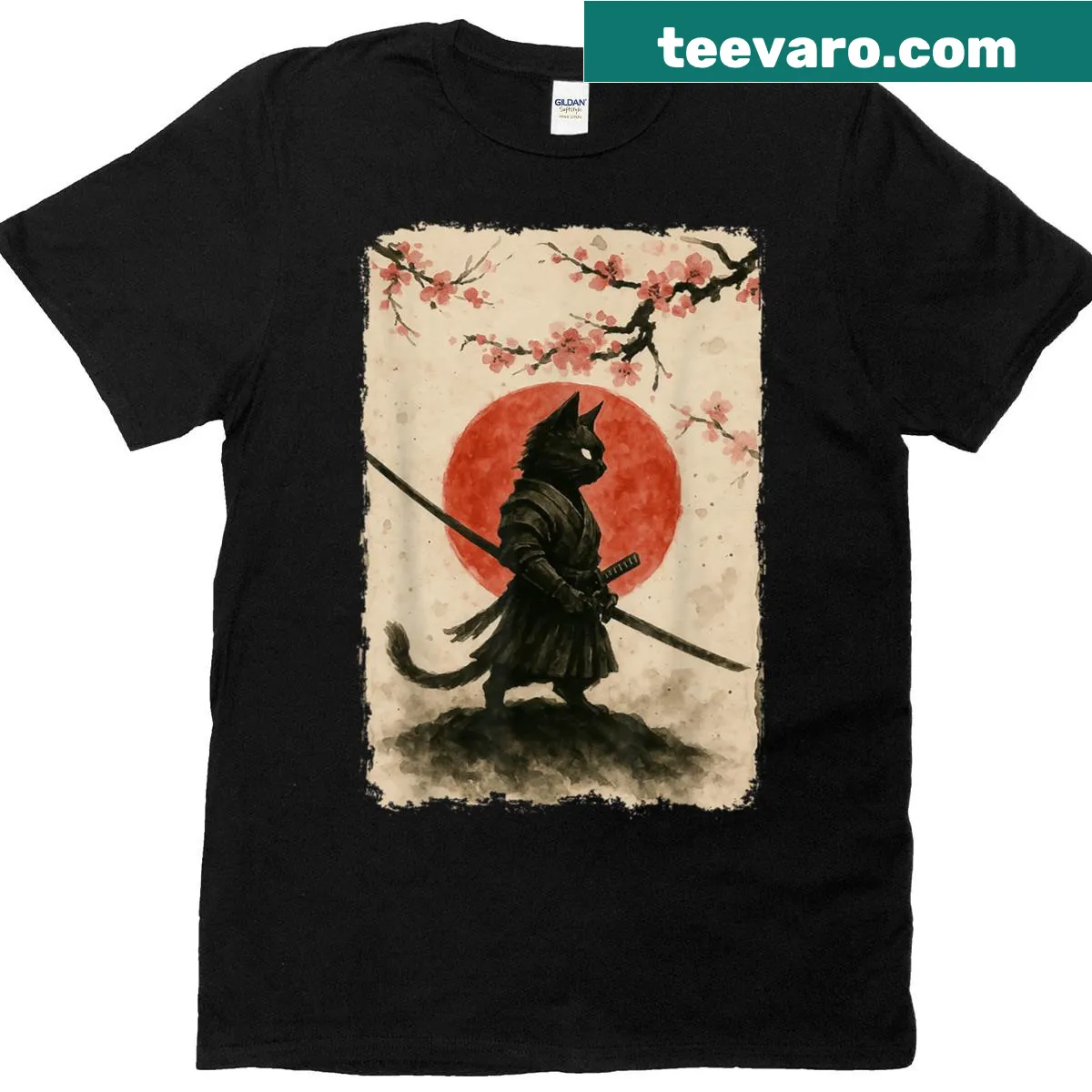 Vintage Ukiyo-e style graphic of a samurai cat on a T-shirt — on a men's t-shirt