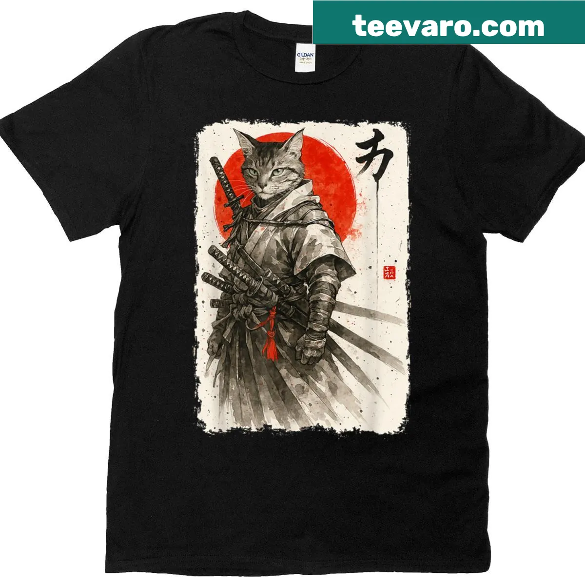 Kawaii samurai cat graphic on a Sumi-e style T-shirt — on a men's t-shirt