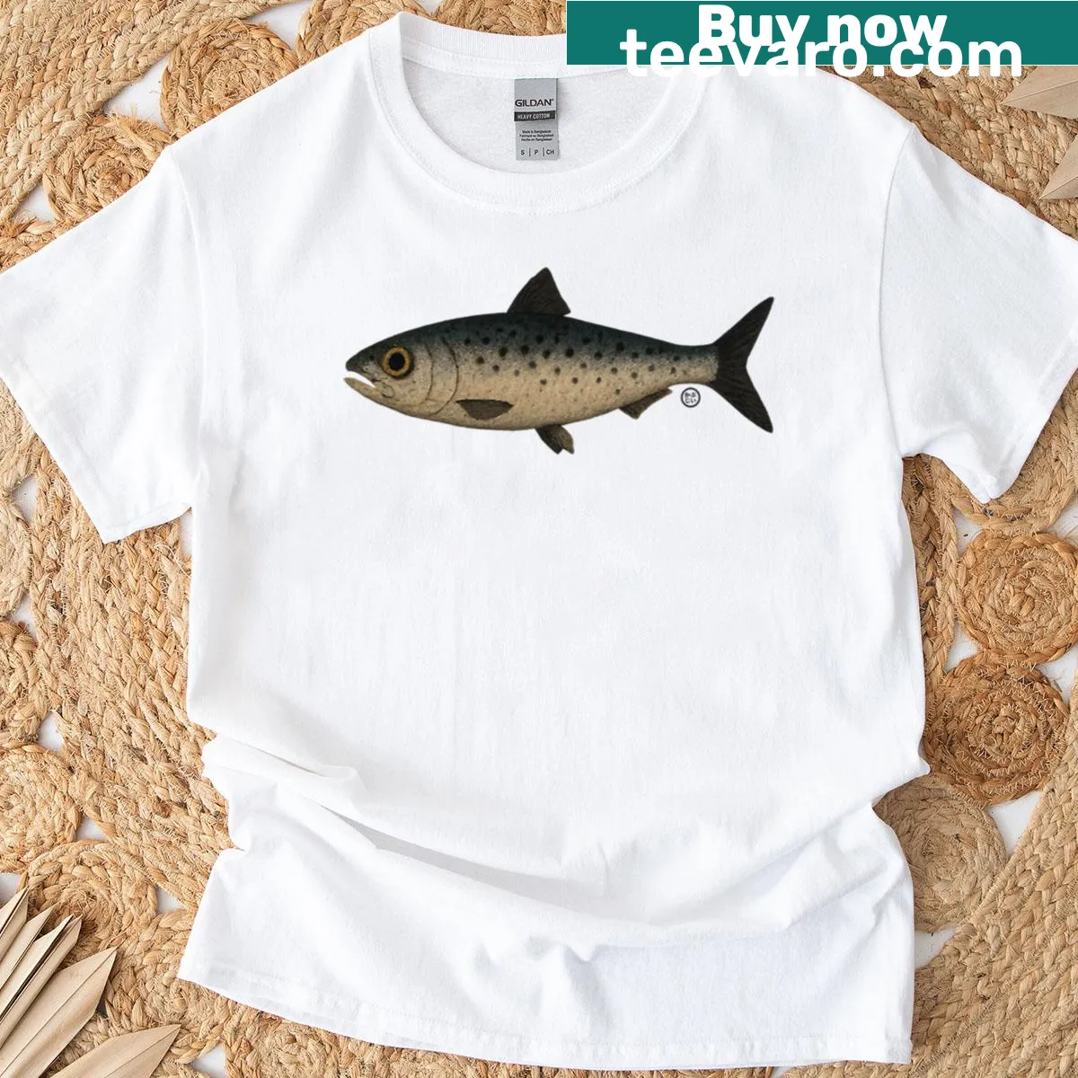 Vintage Japanese art t-shirt featuring sardines — on a men's t-shirt