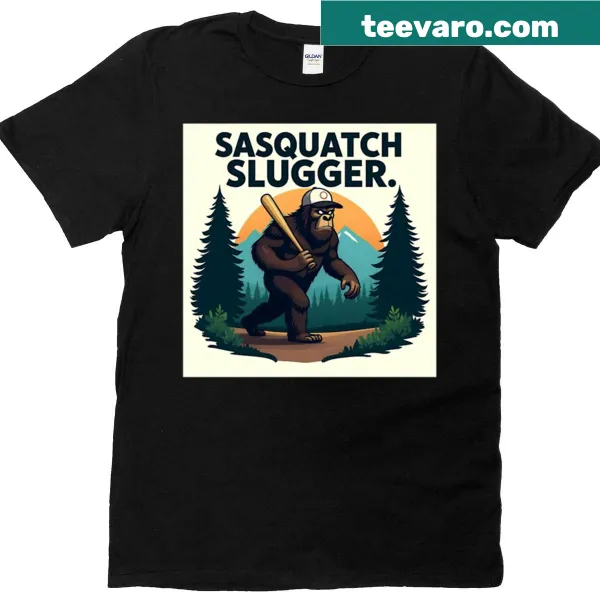 Cartoon Sasquatch swinging a baseball bat on a t-shirt
