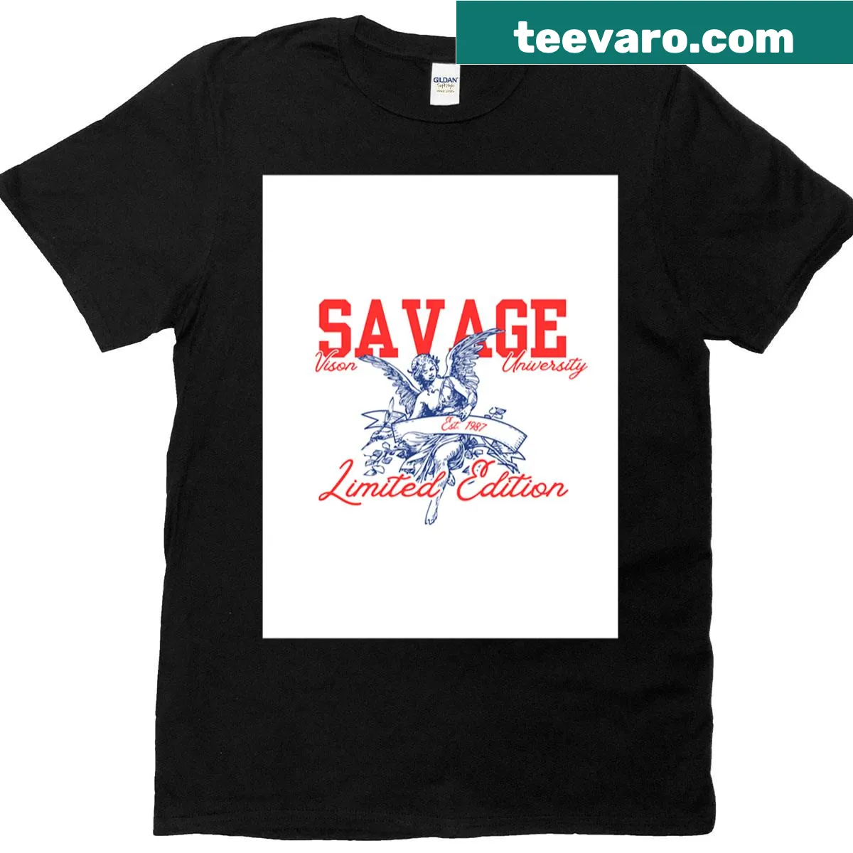 Illustrative T-shirt for Savage University with bold logo — on a men's t-shirt