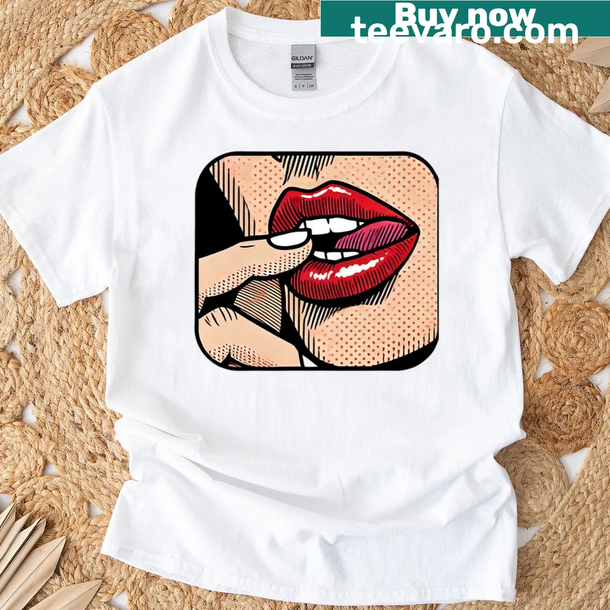Pop art style T-shirt featuring a seductive woman graphic. — on a men's t-shirt