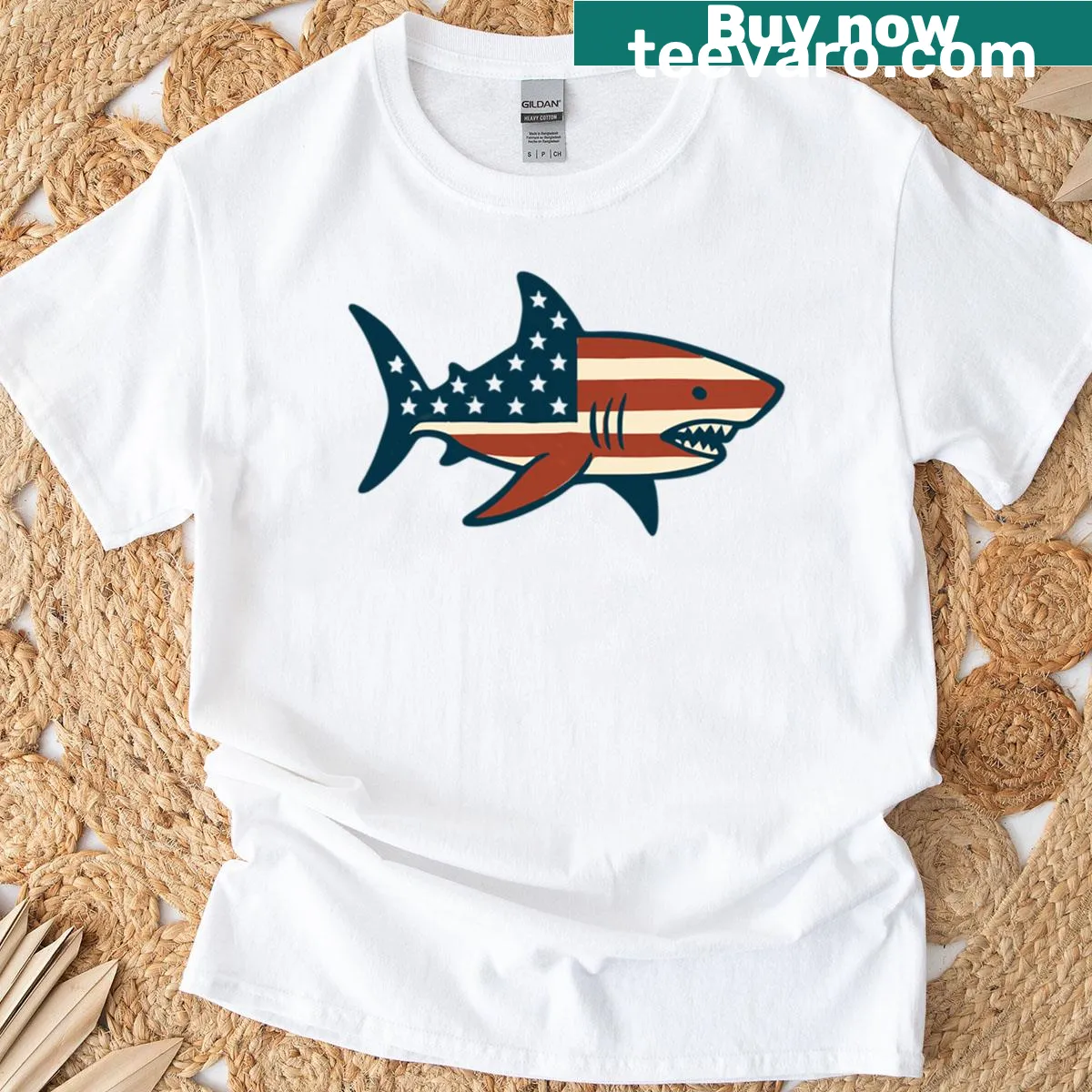 Illustrated shark with American flag on fishing lover t-shirt — on a men's t-shirt