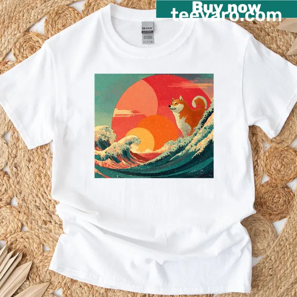 Retro style Shiba Inu dog over waves t-shirt