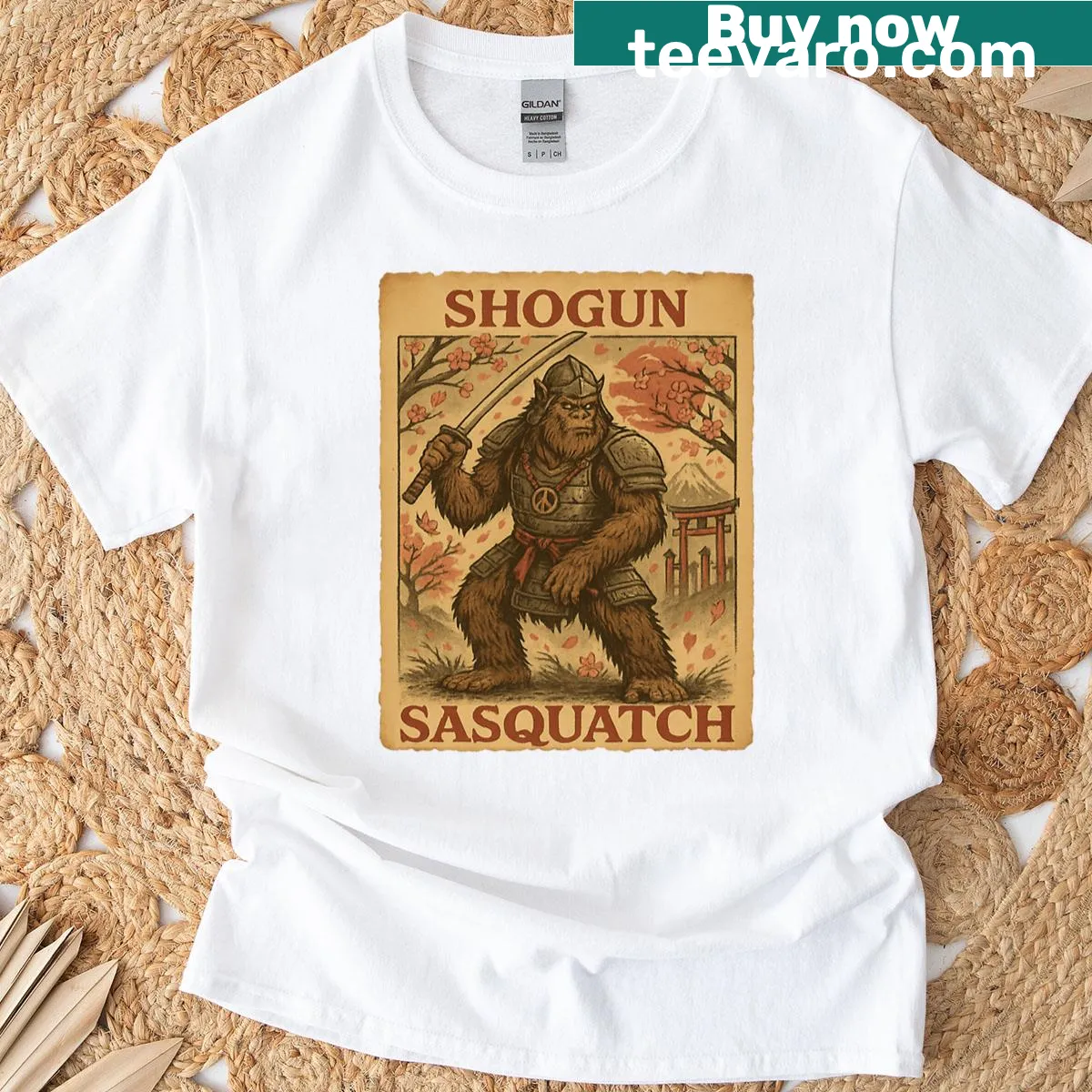 Vintage illustration of Sasquatch samurai on t-shirt — on a men's t-shirt