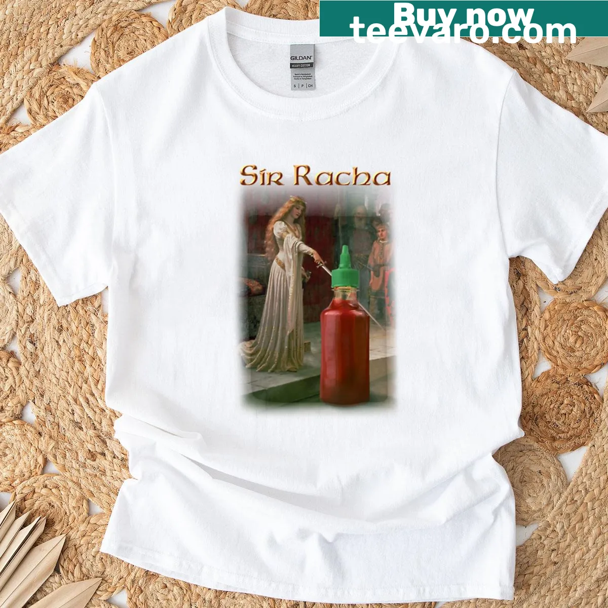 Sriracha sauce themed T-shirt with funny typography — on a men's t-shirt