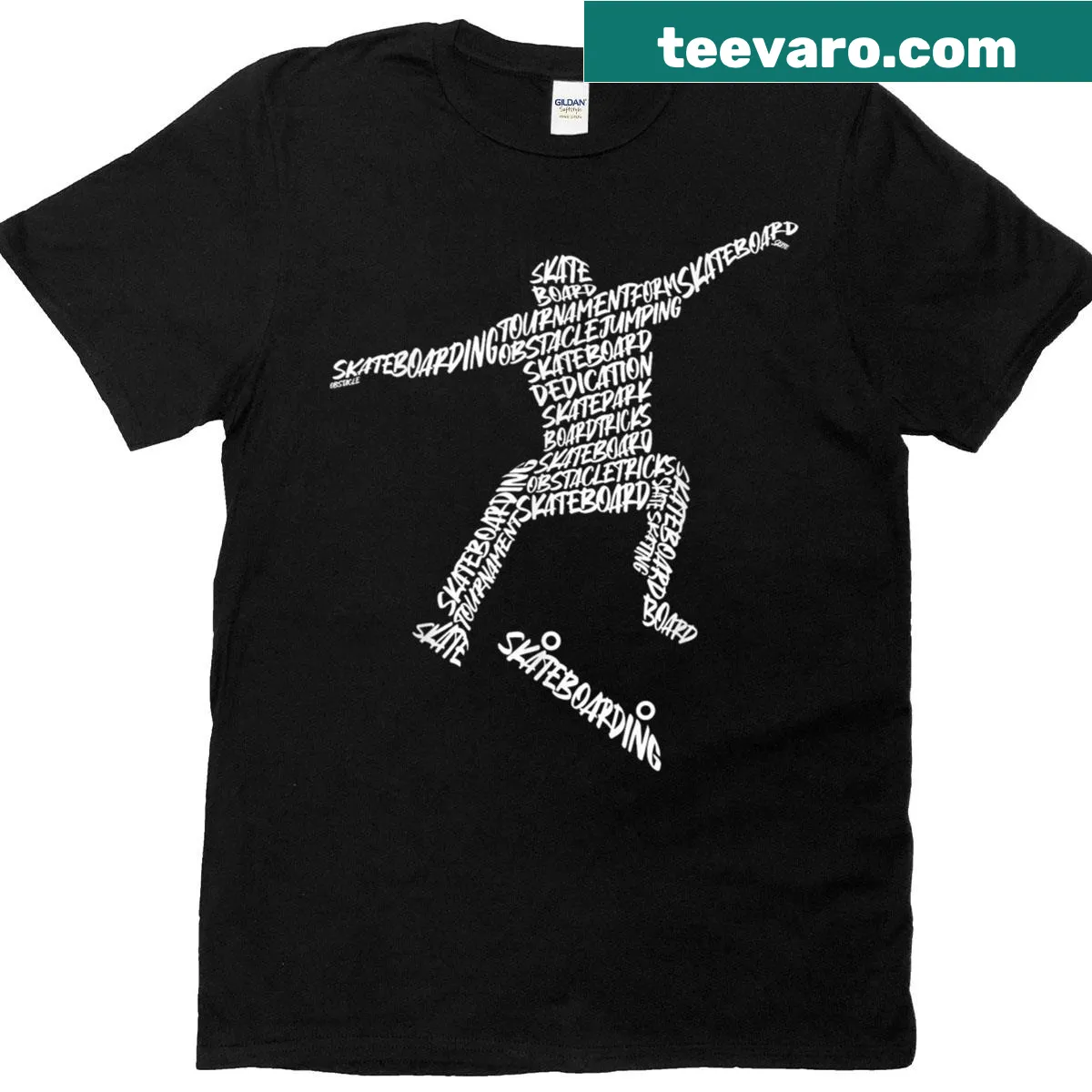 Typography design featuring skateboarder and skateboard elements — on a men's t-shirt