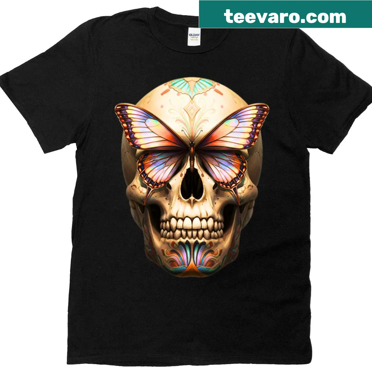 Skull graphic with an Egyptian butterfly design on a t-shirt — on a men's t-shirt