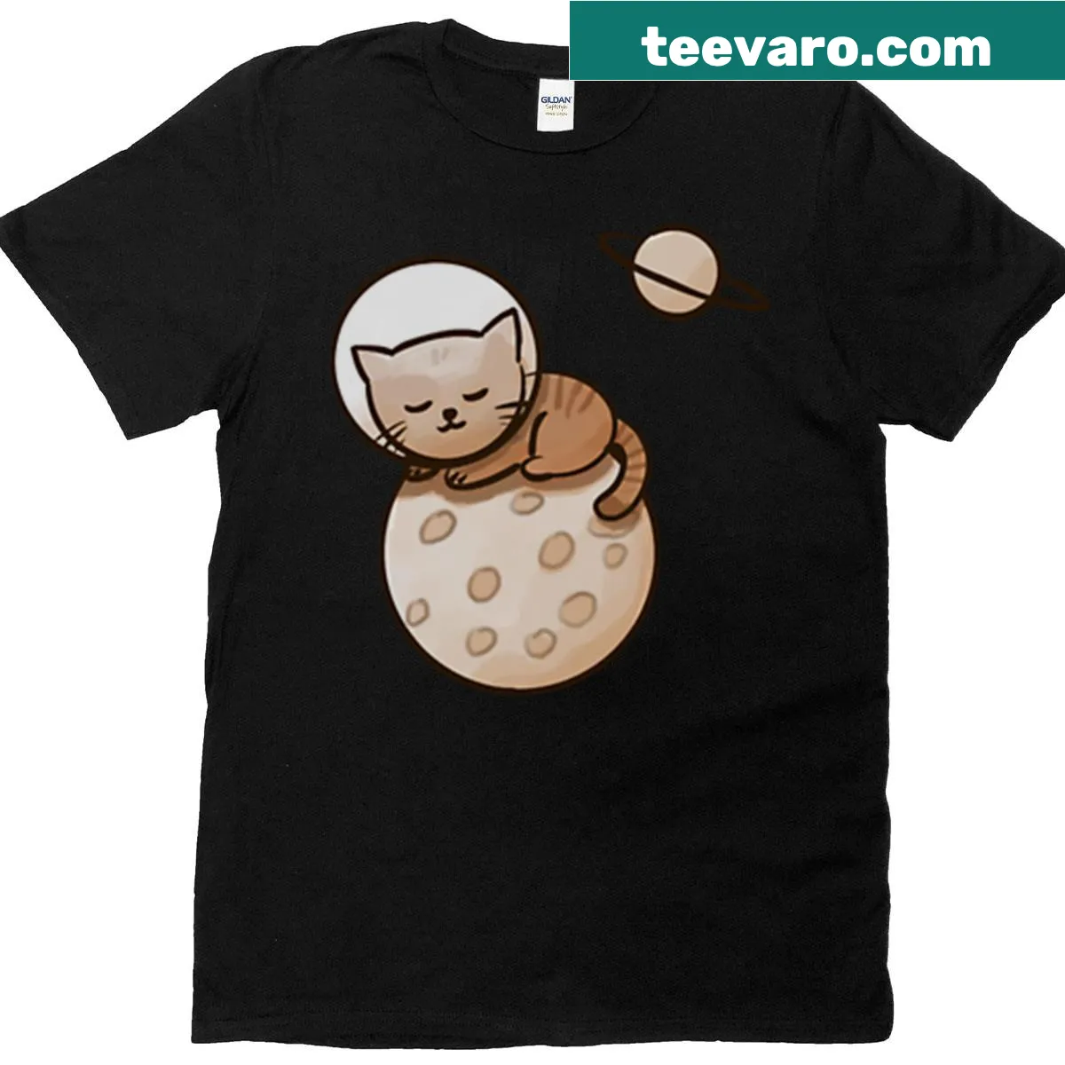 Whimsical illustration of a sleeping cat on the moon — on a men's t-shirt