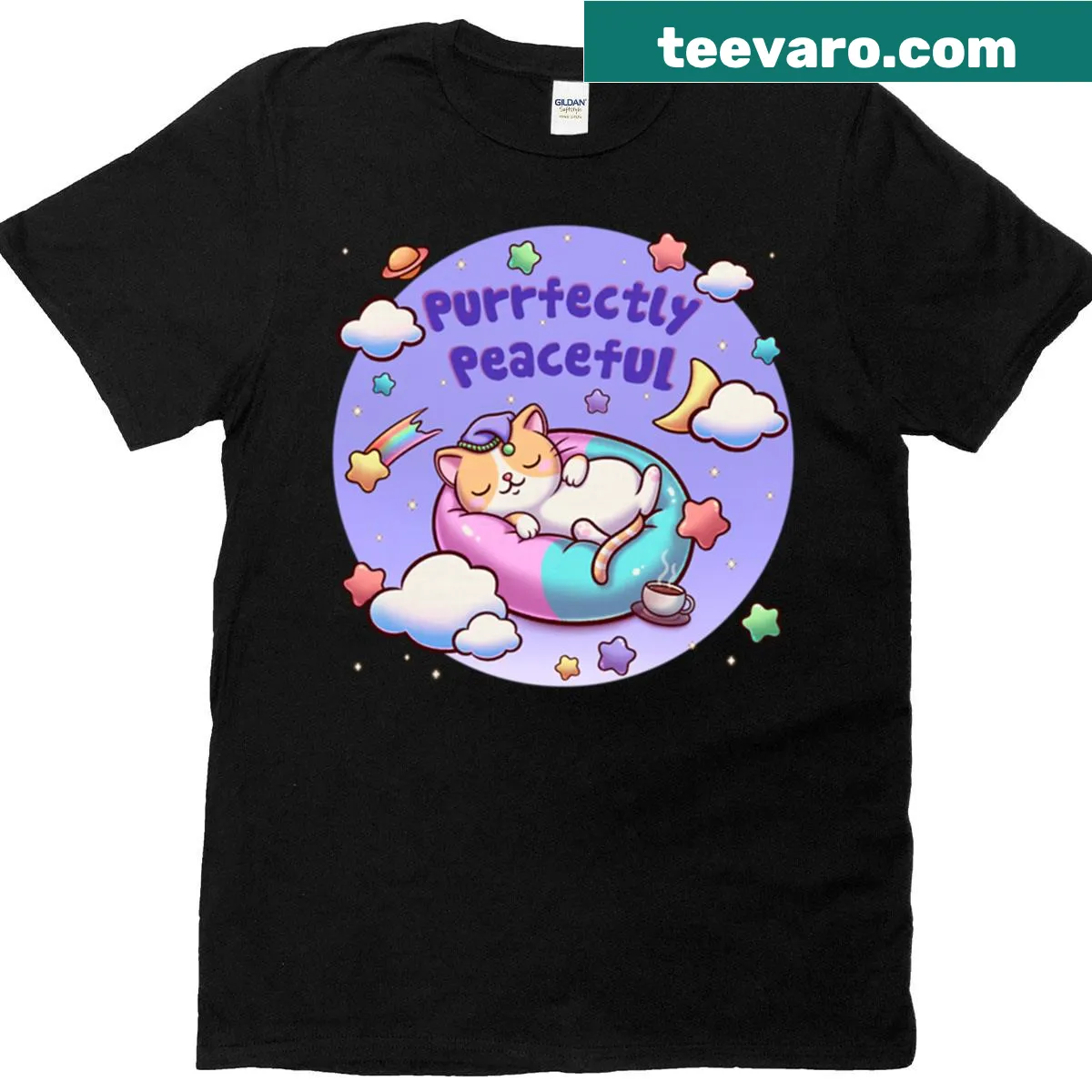 Kawaii style illustration of a sleeping space cat — on a men's t-shirt