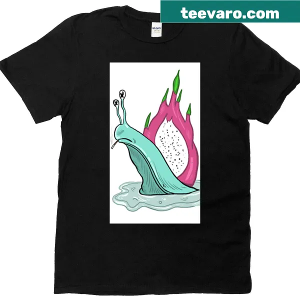 Illustration of a snail carrying a dragonfruit on a t-shirt