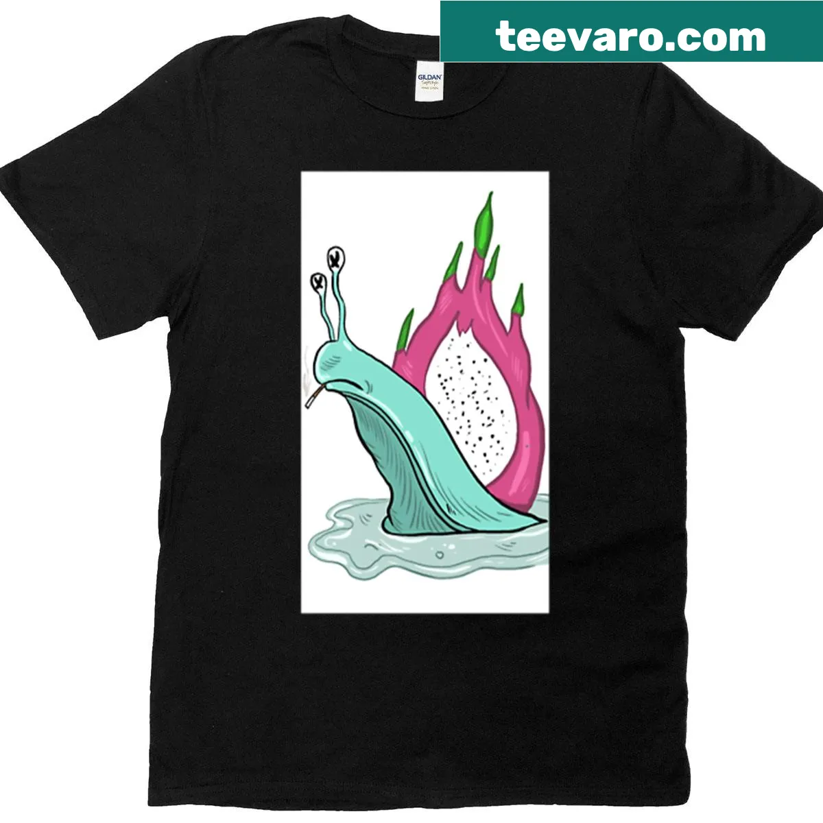 Illustration of a snail carrying a dragonfruit on a t-shirt — on a men's t-shirt