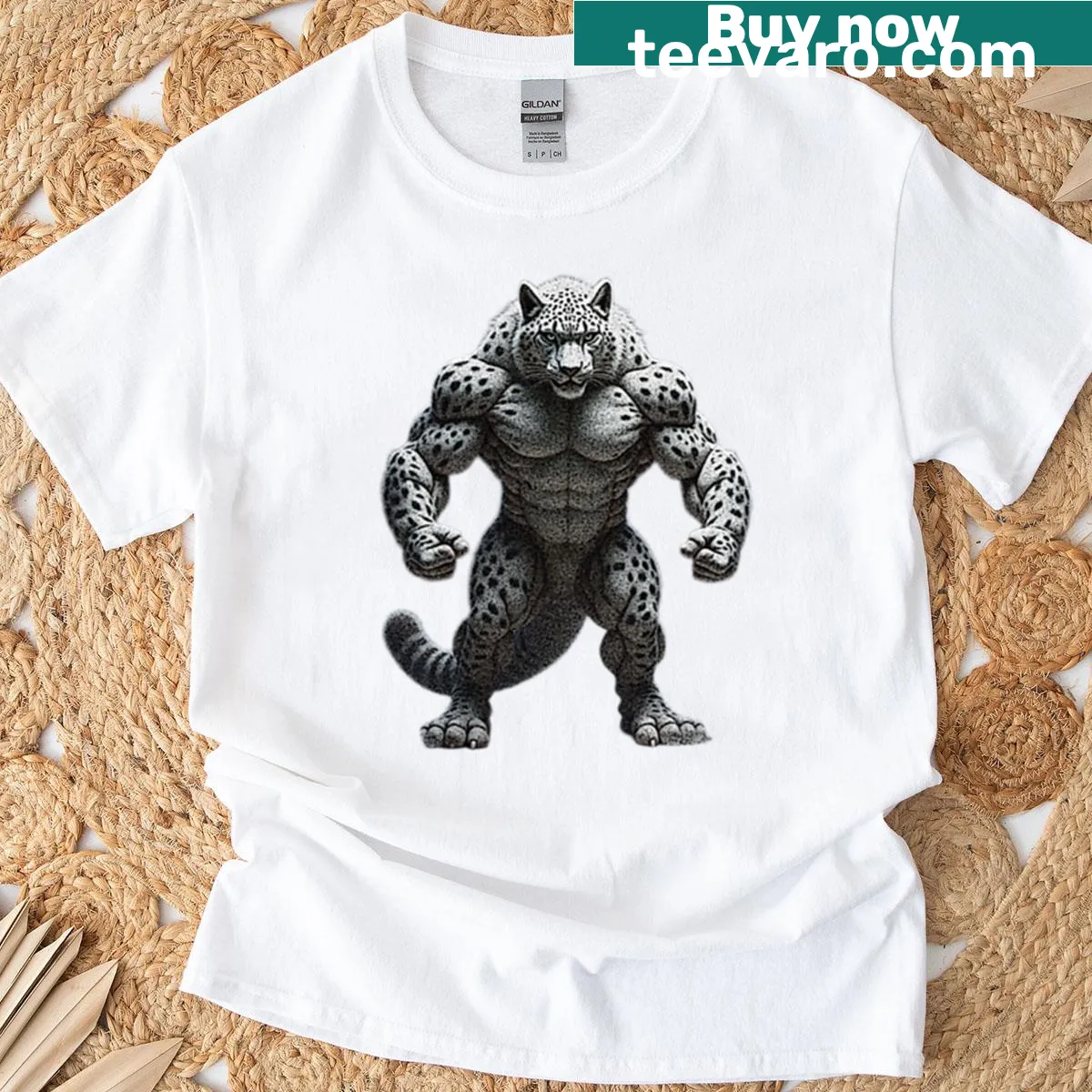 Playful snow leopard bodybuilder t-shirt illustration — on a men's t-shirt
