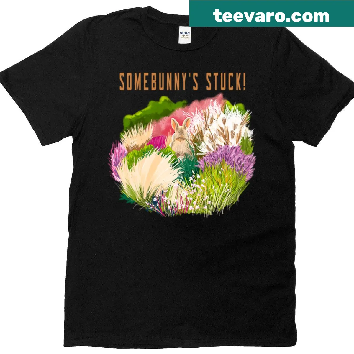 Cute T-shirt featuring an illustration of a stuck bunny in grass — on a men's t-shirt