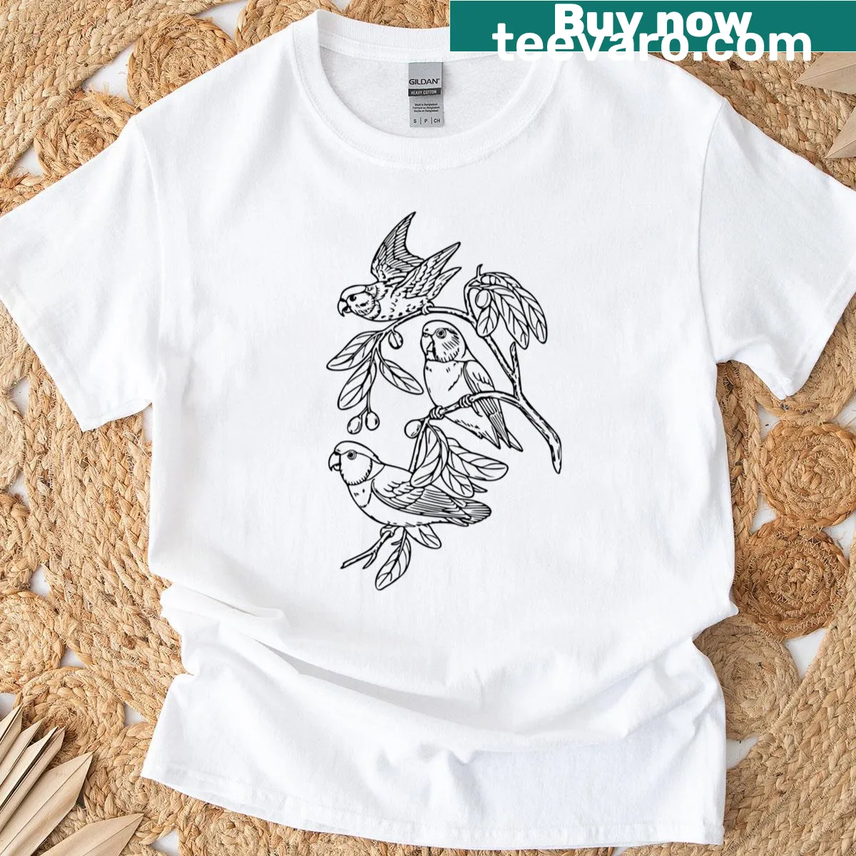 Line art illustration of a Southern Ringed Parrot — on a men's t-shirt