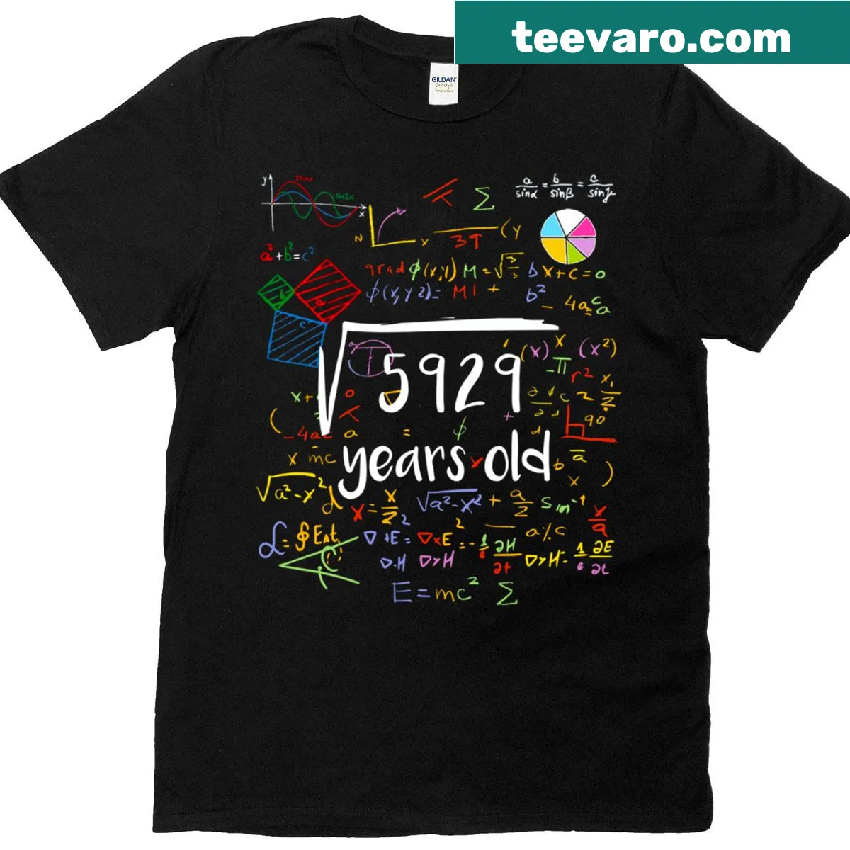 T-shirt with 'Square Root of 5929' graphic celebrating a 77th birthday — on a men's t-shirt